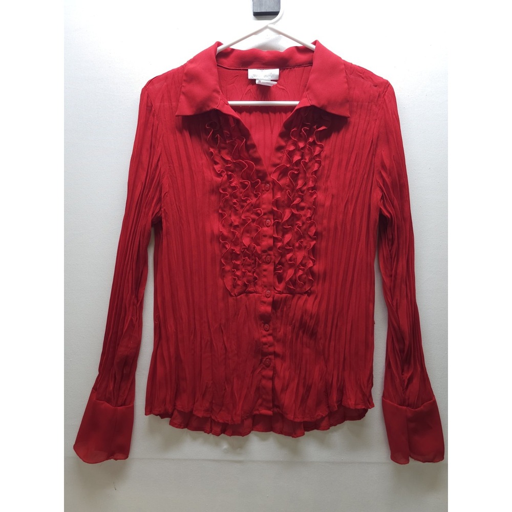 VTG Y2K Red Plissee Crinkle Ruffle Front Blouse Sheer M Whimsigoth Vamp Career